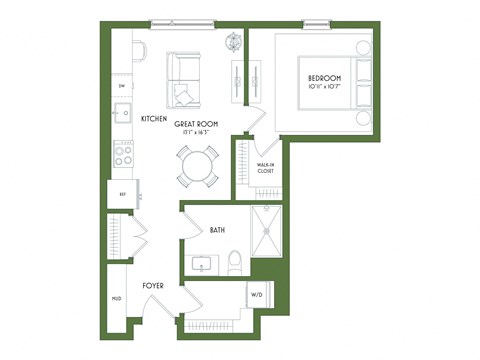 A floor plan of a house with a kitchen, great room, bath, foyer, and bedroom.